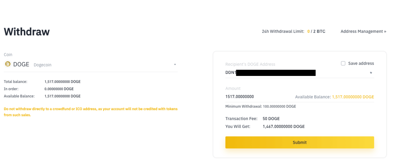 doge binance withdrawal to wallet